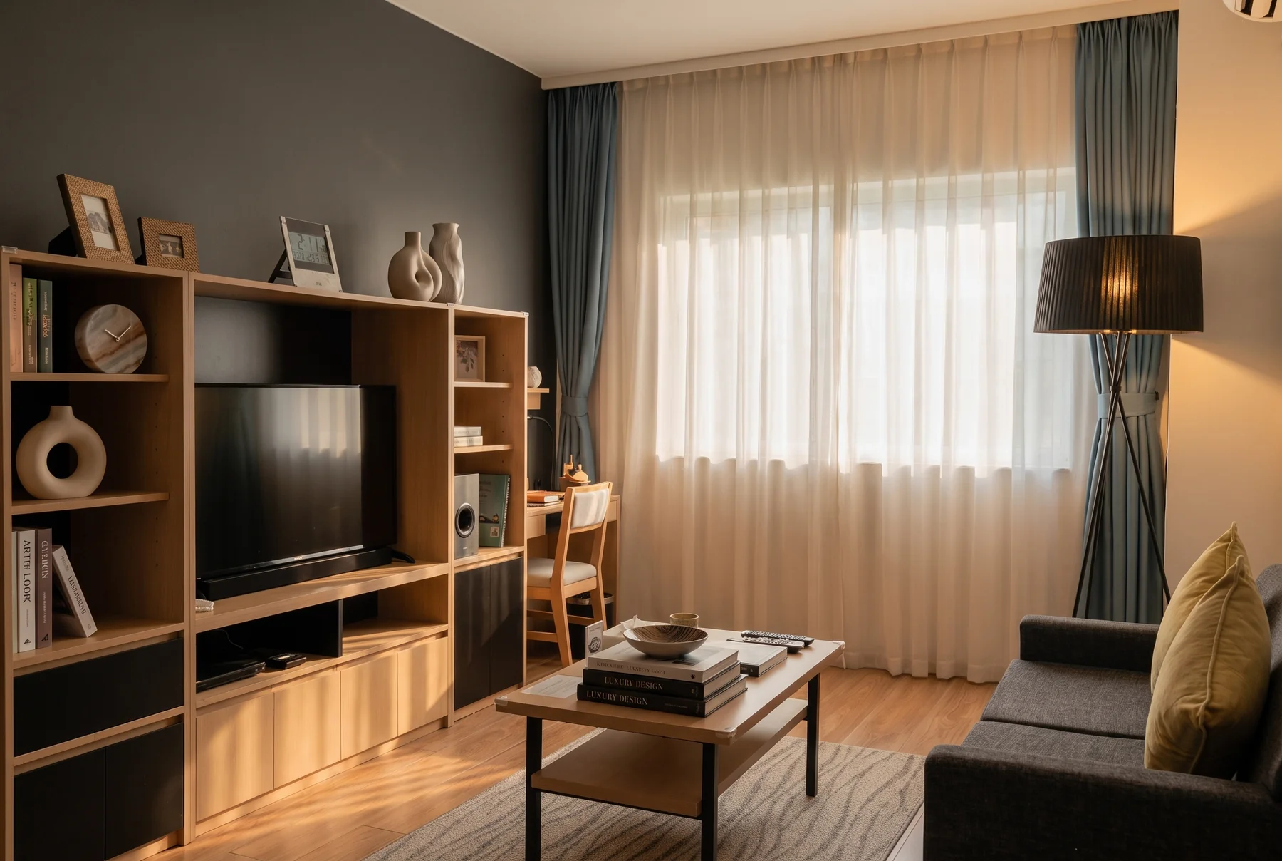Phòng khách tông trung tính với sofa cạnh cửa sổ