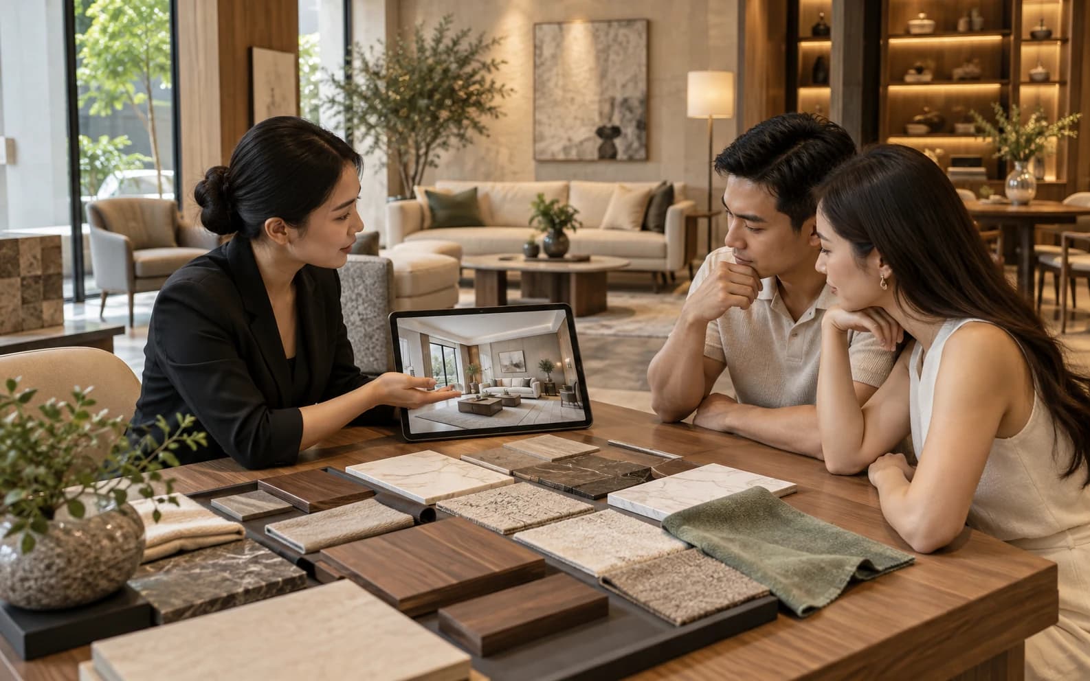Nhân viên showroom trao đổi phương án nội thất với khách bên cạnh mẫu vật liệu và máy tính bảng