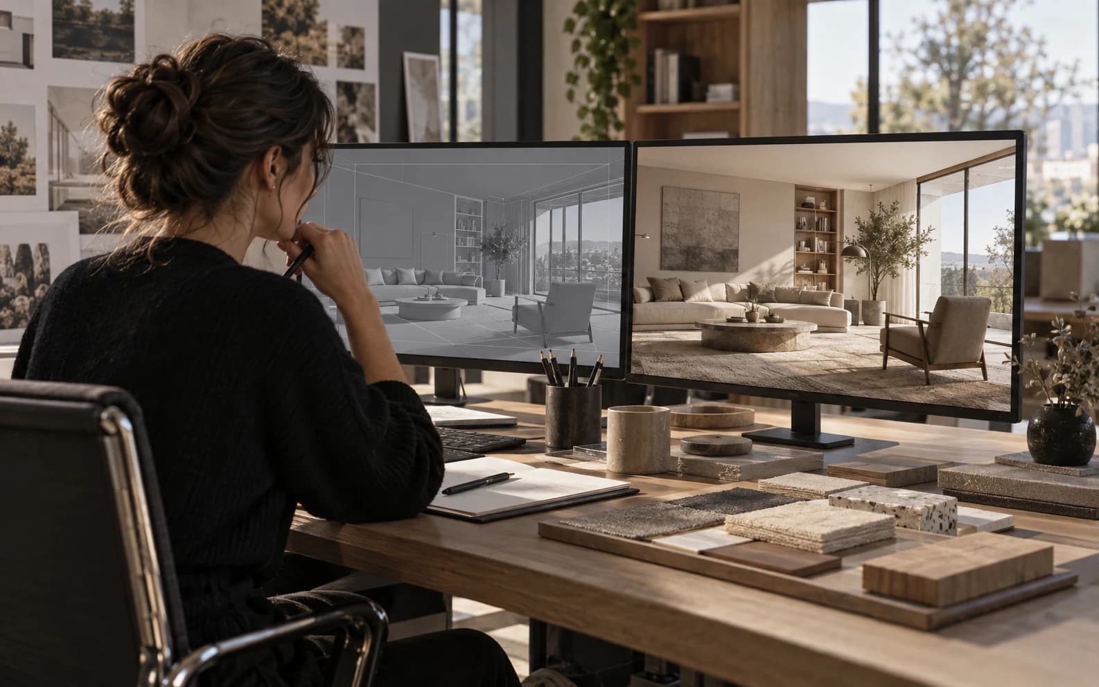 Designer đối chiếu bản dựng 3D, ảnh render và mẫu vật liệu tại bàn làm việc